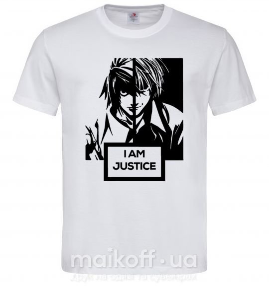 Мужская футболка death note L i am justice Белый фото
