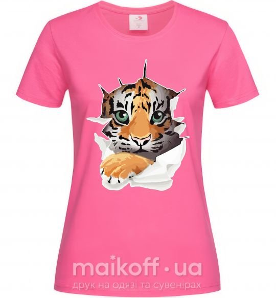 Женская футболка Тигр смотрит Ярко-розовый фото