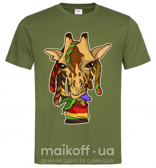 Мужская футболка Жираф жует траву Оливковый фото
