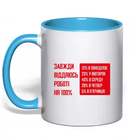 Чашка з кольоровою ручкою Завжди віддаюсь роботі на 100% Блакитний фото