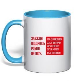 Чашка с цветной ручкой Завжди віддаюсь роботі на 100%