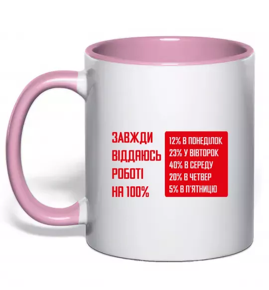 Чашка з кольоровою ручкою Завжди віддаюсь роботі на 100% Ніжно рожевий фото