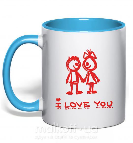 Чашка с цветной ручкой I LOVE YOU. RED COUPLE. Голубой фото