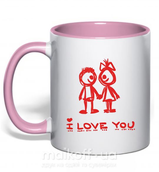 Чашка з кольоровою ручкою I LOVE YOU. RED COUPLE. Ніжно рожевий фото