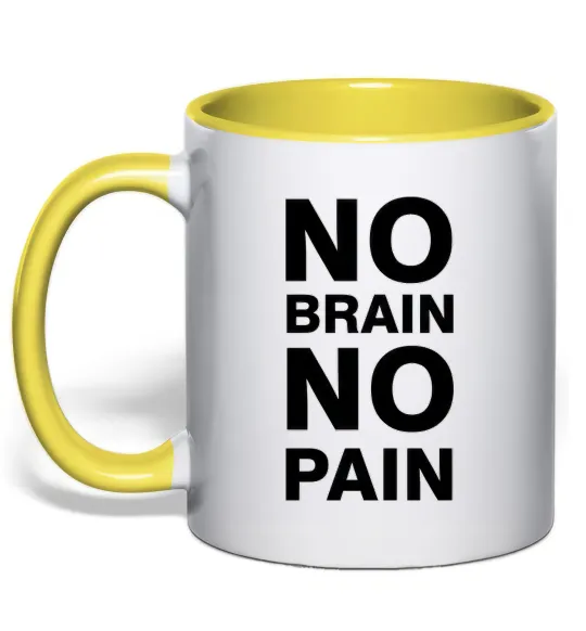Чашка з кольоровою ручкою NO BRAIN - NO PAIN Лимонний фото