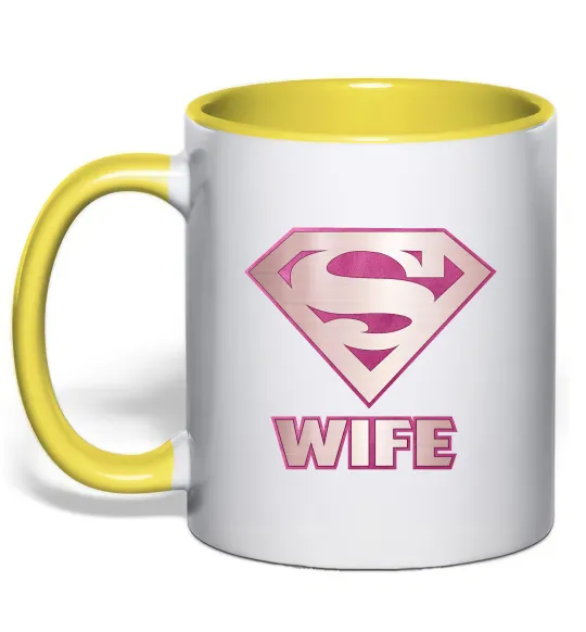 Чашка з кольоровою ручкою Super wife Лимонний фото