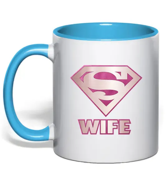 Чашка з кольоровою ручкою Super wife Блакитний фото
