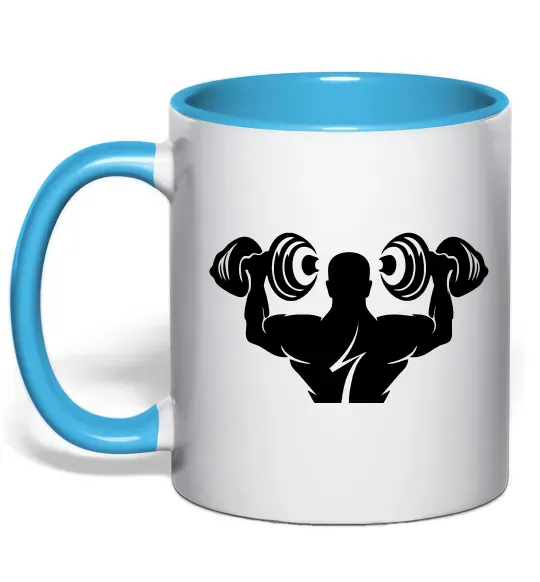 Чашка з кольоровою ручкою Культурист Блакитний фото