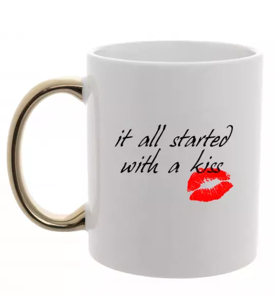 Чашка с цветной ручкой IT ALL STARTED WITH A KISS Золото фото