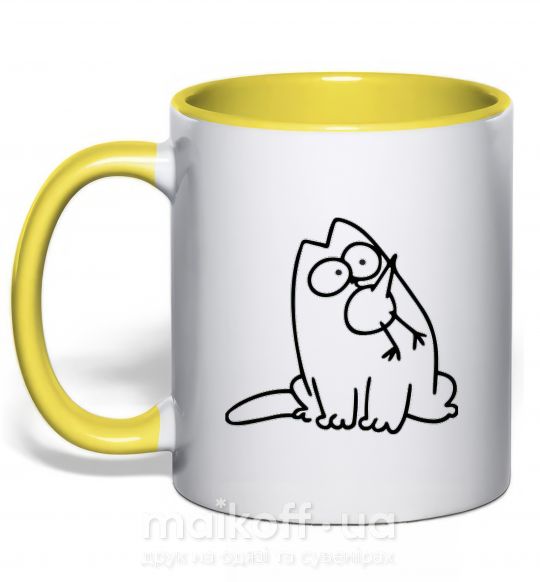 Чашка с цветной ручкой SIMON'S CAT с птичкой во рту Солнечно желтый фото