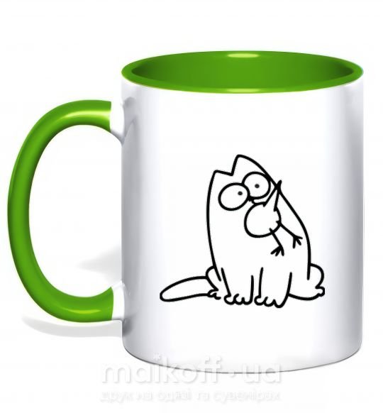 Чашка з кольоровою ручкою SIMON'S CAT с птичкой во рту Зелений фото