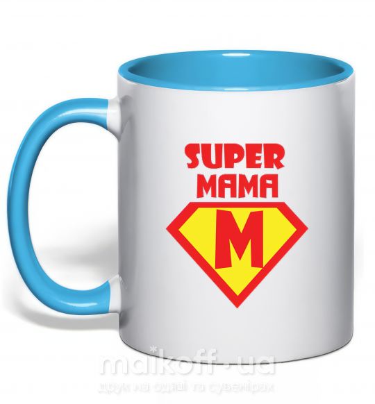 Чашка с цветной ручкой SUPER MAMA Голубой фото