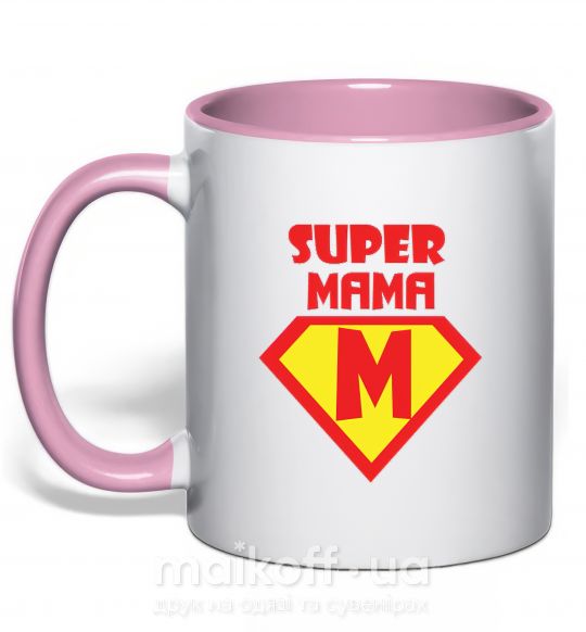 Чашка з кольоровою ручкою SUPER MAMA Ніжно рожевий фото