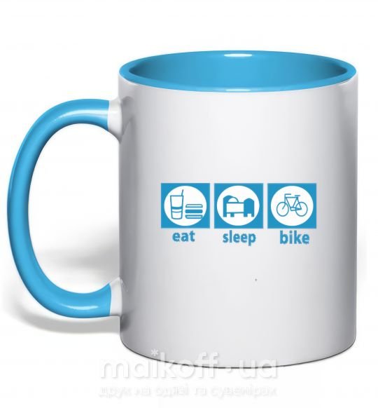 Чашка з кольоровою ручкою EAT, SLEEP, BIKE Блакитний фото