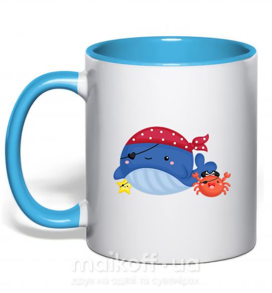 Чашка с цветной ручкой Кит и краб пираты Голубой фото