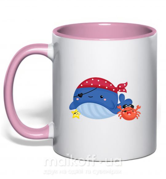 Чашка з кольоровою ручкою Кит и краб пираты Ніжно рожевий фото