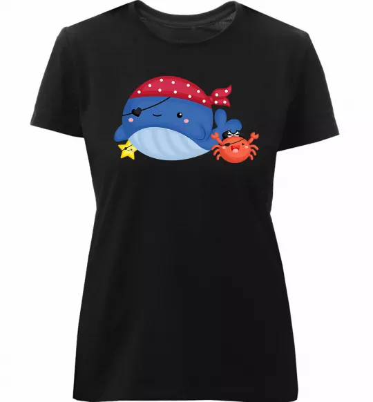 Женская премиум футболка Кит та краб пірати Черный фото