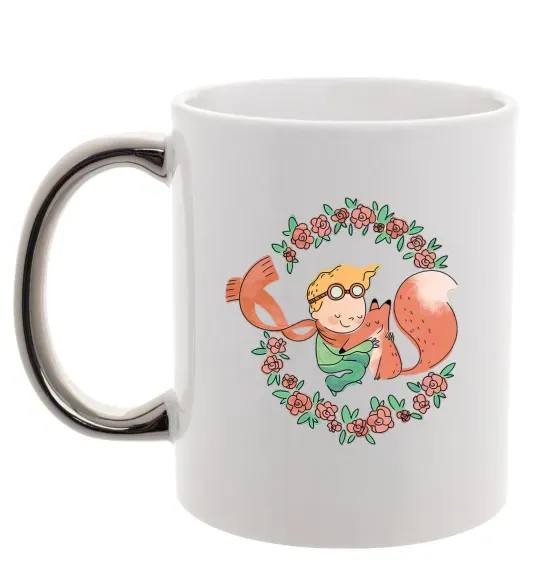 Чашка з кольоровою ручкою Маленький принц та лисиця в квітах Срібло фото