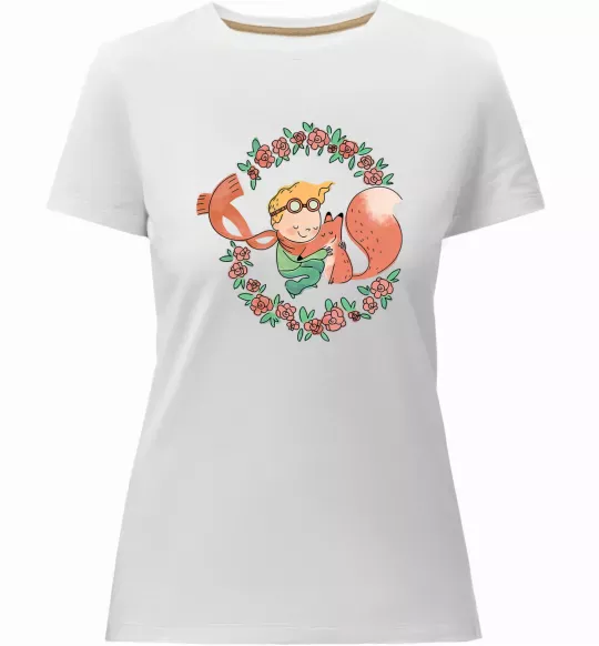 Женская премиум футболка Маленький принц та лисиця в квітах Белый фото