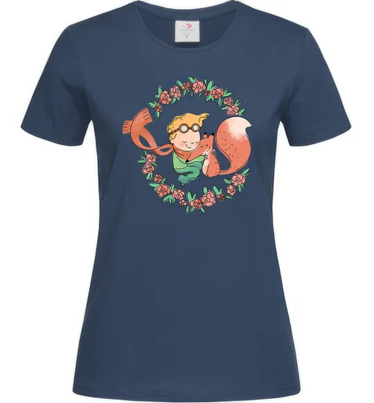 Женская футболка Маленький принц та лисиця в квітах Темно-синий фото