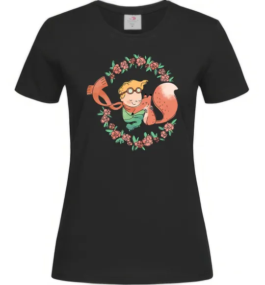 Женская футболка Маленький принц та лисиця в квітах Черный фото