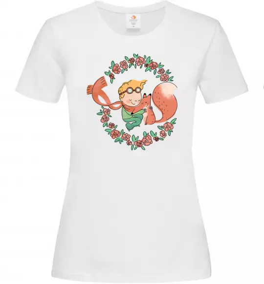 Женская футболка Маленький принц та лисиця в квітах Белый фото