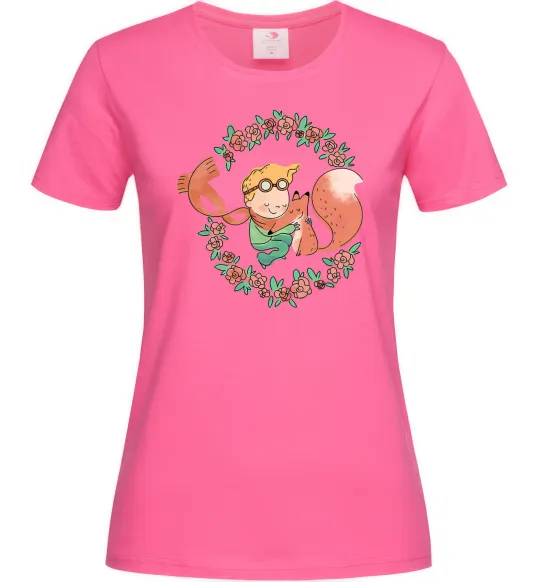 Женская футболка Маленький принц та лисиця в квітах Ярко-розовый фото