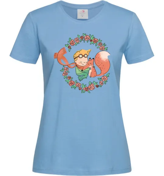 Женская футболка Маленький принц та лисиця в квітах Голубой фото