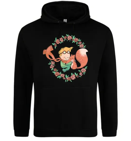 Чоловіча толстовка (худі) Маленький принц та лисиця в квітах Чорний фото