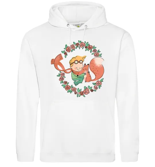 Чоловіча толстовка (худі) Маленький принц та лисиця в квітах Білий фото