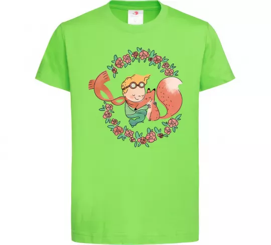 Детская футболка Маленький принц та лисиця в квітах Лаймовый фото