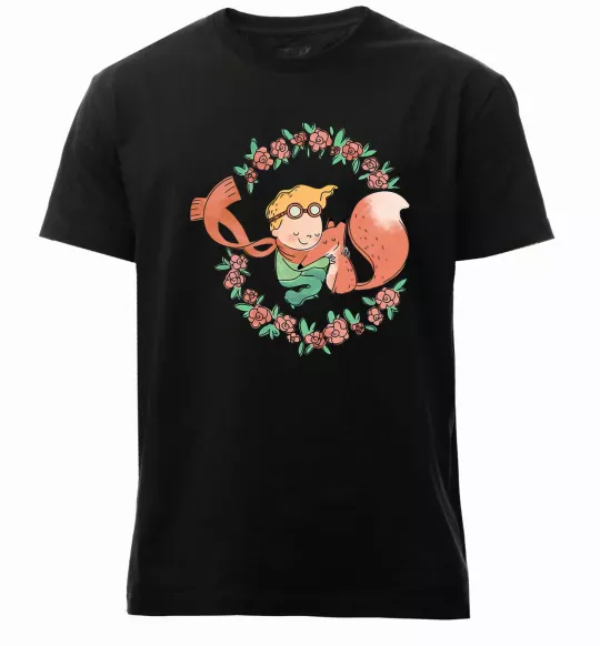 Чоловіча преміум футболка Маленький принц та лисиця в квітах Чорний фото