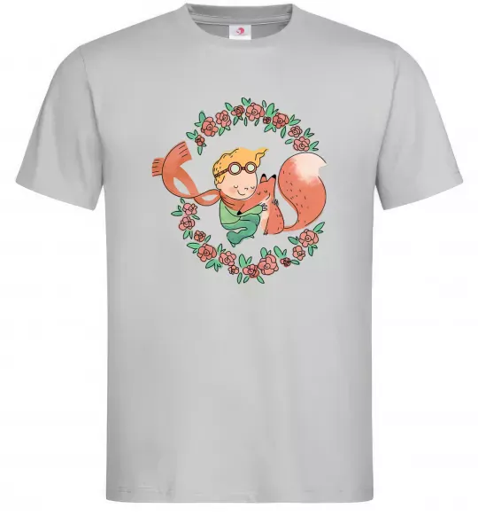 Чоловіча футболка Маленький принц та лисиця в квітах Сірий фото