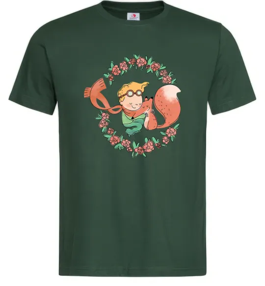 Чоловіча футболка Маленький принц та лисиця в квітах Темно-зелений фото