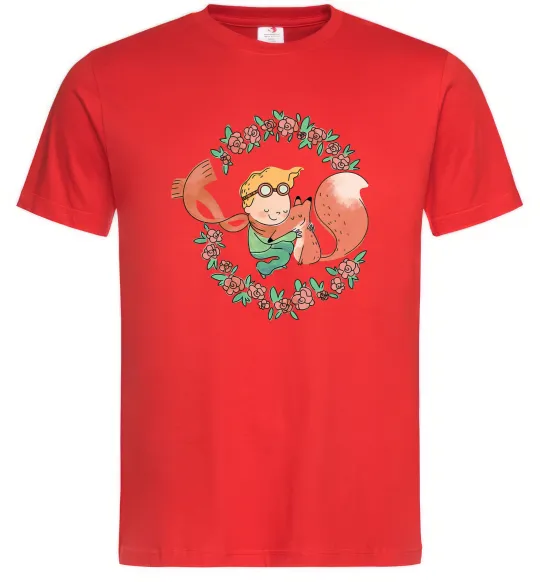 Чоловіча футболка Маленький принц та лисиця в квітах Червоний фото