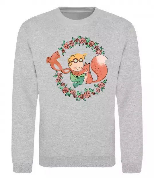 Свитшот Маленький принц та лисиця в квітах Серый меланж фото