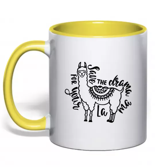 Чашка з кольоровою ручкою Save the drama for your lama black Сонячно жовтий фото