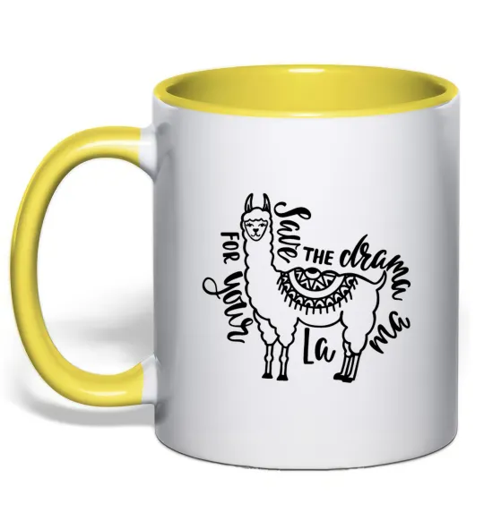 Чашка с цветной ручкой Save the drama for your lama black Лимонный фото