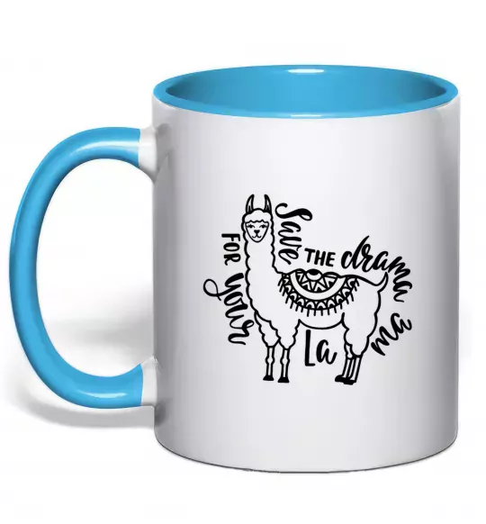 Чашка з кольоровою ручкою Save the drama for your lama black Блакитний фото