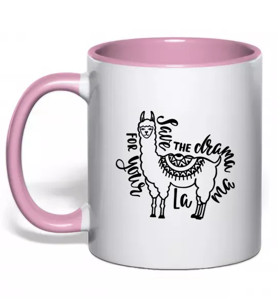 Чашка з кольоровою ручкою Save the drama for your lama black Ніжно рожевий фото