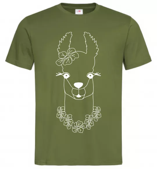 Мужская футболка Лама дівчинка в квітах Оливковый фото