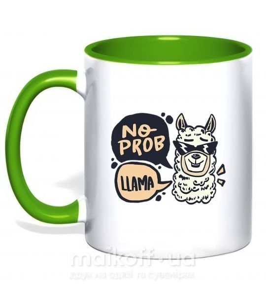 Чашка з кольоровою ручкою No prob llama in glasses Зелений фото