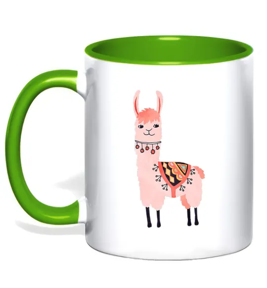 Чашка з кольоровою ручкою Рожева лама Лаймовий фото
