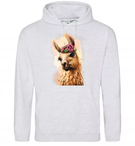 Мужская толстовка (худи) Лама у віночку Серый меланж фото