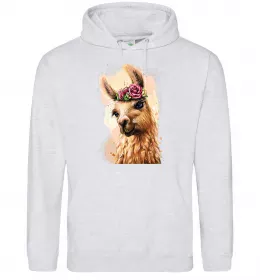 Мужская толстовка (худи) Лама у віночку Серый меланж фото