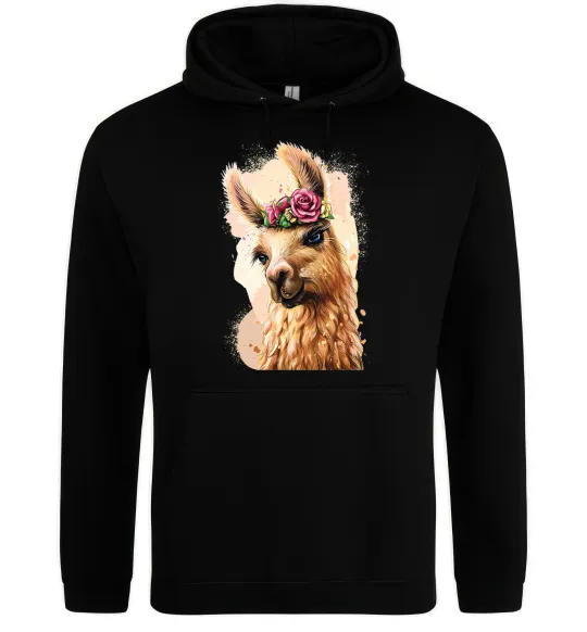 Женская толстовка (худи) Лама у віночку Черный фото