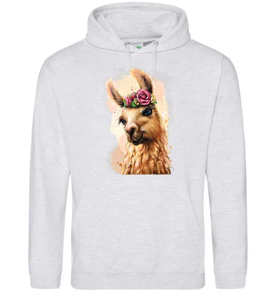 Женская толстовка (худи) Лама у віночку Серый меланж фото