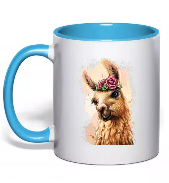 Чашка с цветной ручкой Лама у віночку Голубой фото