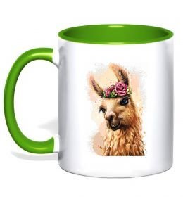 Чашка с цветной ручкой Лама у віночку