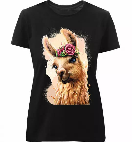 Женская премиум футболка Лама у віночку Черный фото